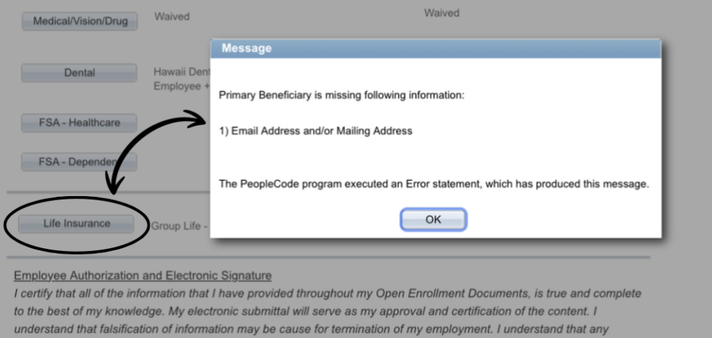 Screenshot of Primary Beneficiary pop-up