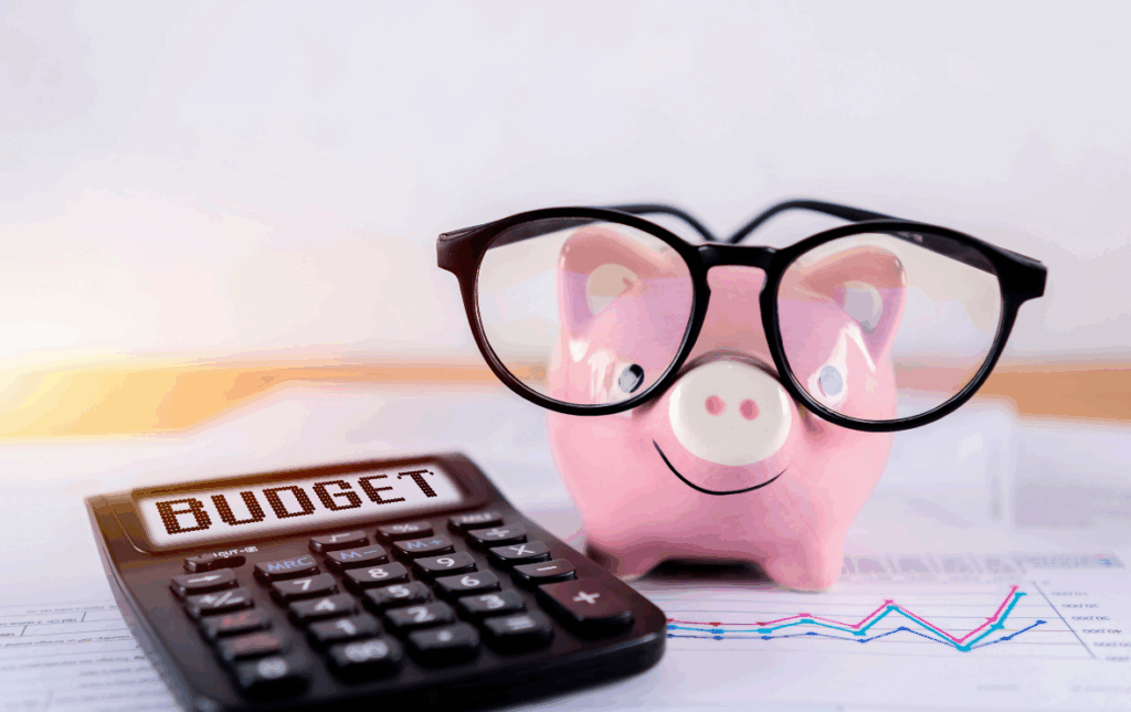 Piggy bank with glasses, calculator that says Budget