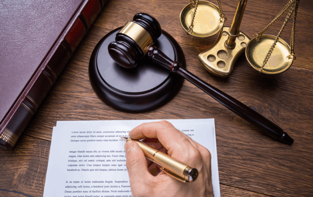 Hand holding a pen over a document, gavel and scale nearby