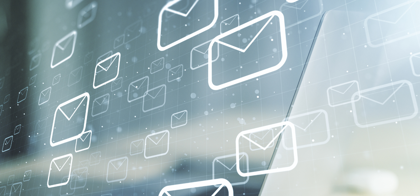 Digital envelope images scattered across screen