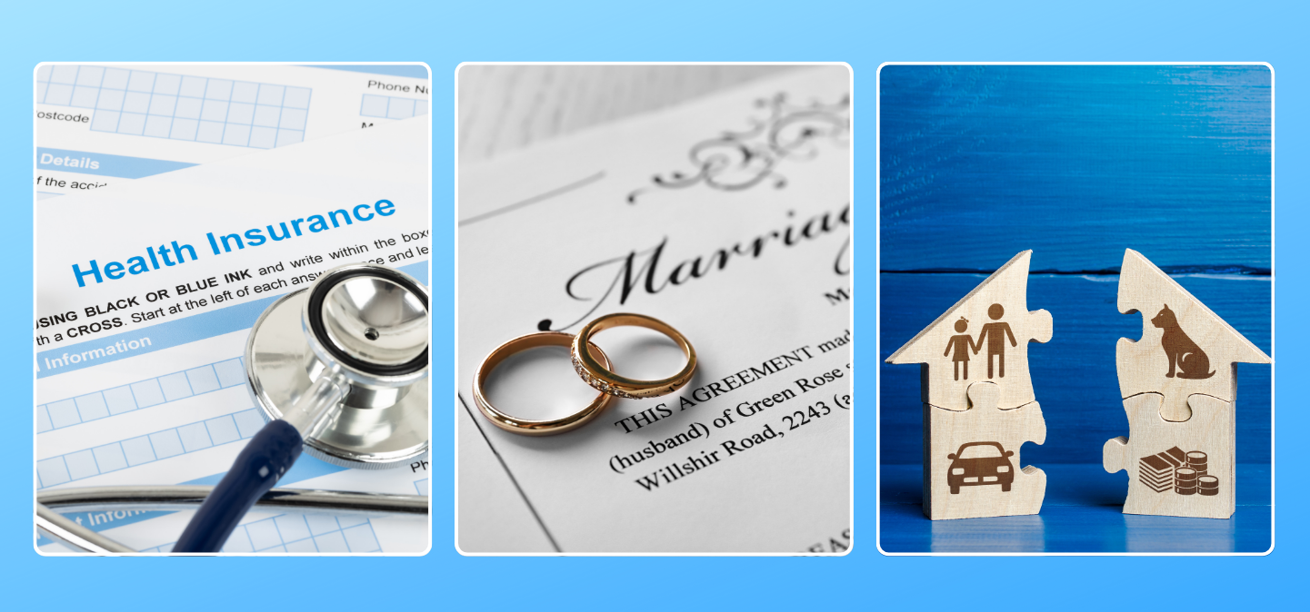 Collage of stethoscope over health insurance form, two rings over marriage certificate, and a house split in half