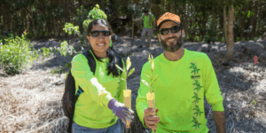 Pair of employees in a neon BIISC shirt holding a plant